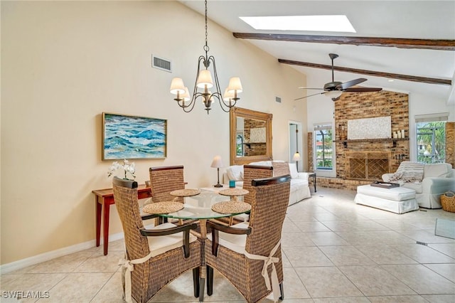 dining space with light tile patterned floors, plenty of natural light, a skylight, and visible vents