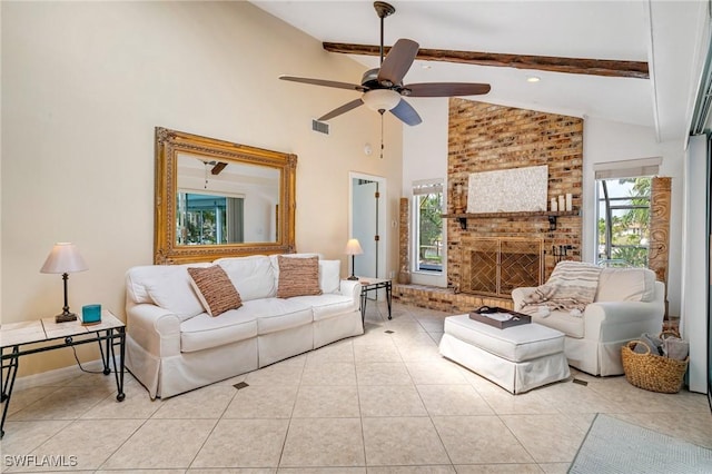 living room featuring high vaulted ceiling, tile patterned flooring, a fireplace, visible vents, and beamed ceiling