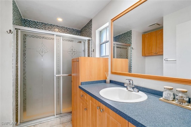 full bath featuring a shower stall, visible vents, and vanity