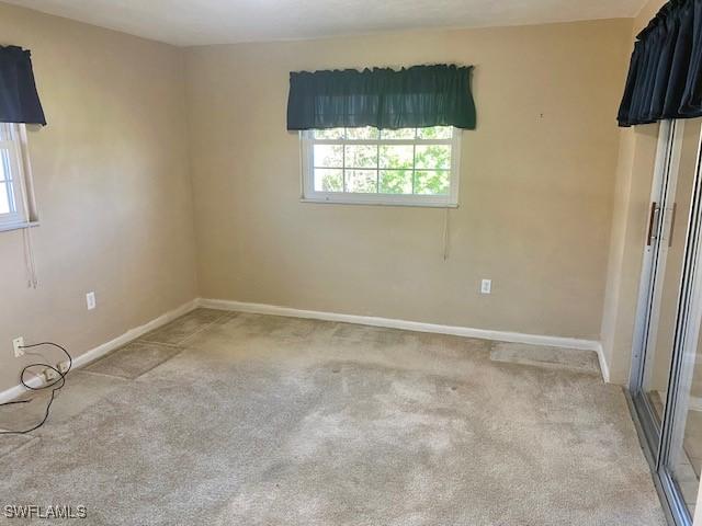 spare room featuring baseboards, a wealth of natural light, and light colored carpet