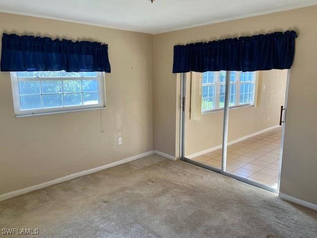 carpeted empty room featuring baseboards