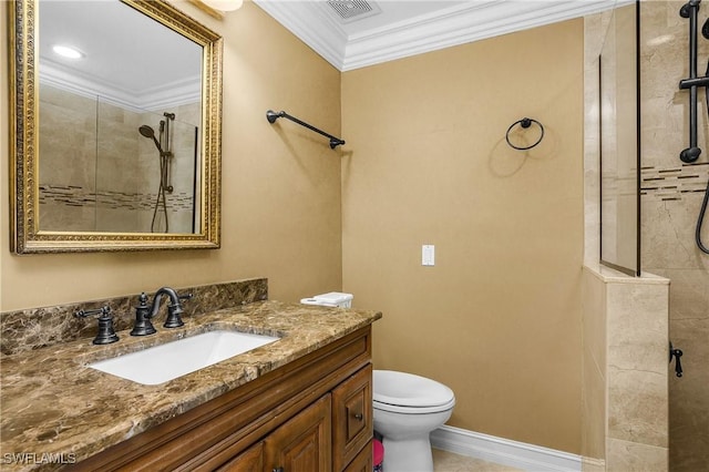 full bathroom with visible vents, tiled shower, toilet, ornamental molding, and vanity