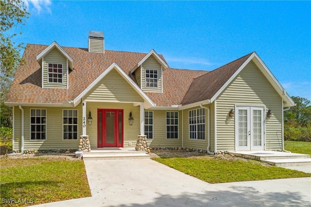 new england style home with french doors, a chimney, a shingled roof, and a front lawn