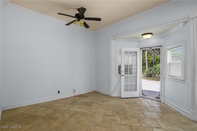 doorway to outside featuring a ceiling fan, baseboards, french doors, ornamental molding, and stone finish floor