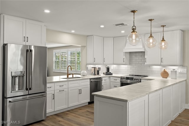 kitchen with stainless steel appliances, visible vents, white cabinets, a sink, and a peninsula