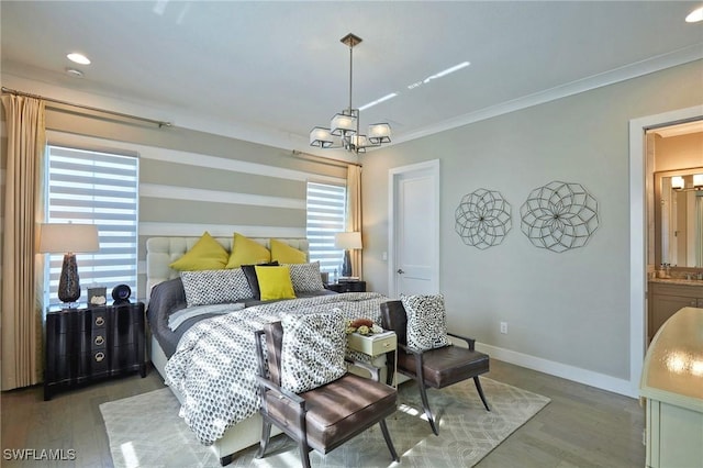 bedroom with a notable chandelier, recessed lighting, ornamental molding, wood finished floors, and baseboards