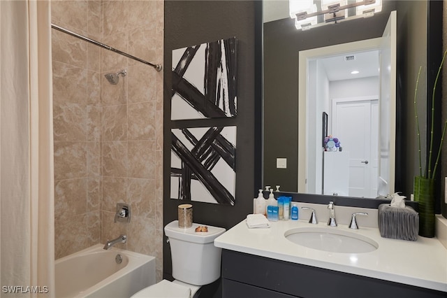 full bathroom with visible vents, vanity, toilet, and shower / bathtub combination with curtain