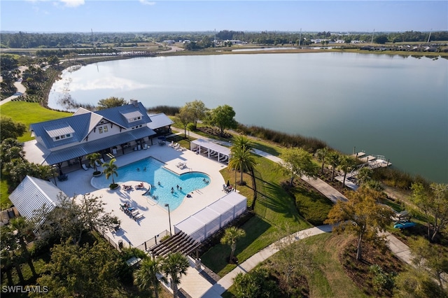 drone / aerial view with a water view