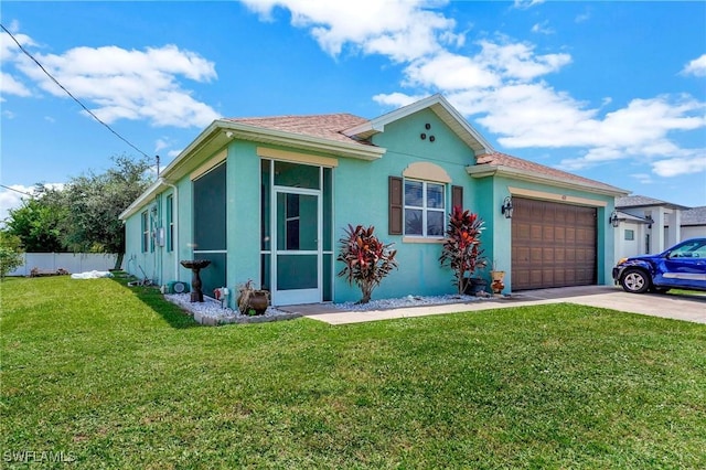 view of front of house featuring a garage, concrete driveway, and stucco siding