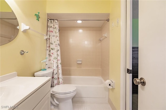 full bath featuring shower / tub combo, vanity, toilet, and tile patterned floors