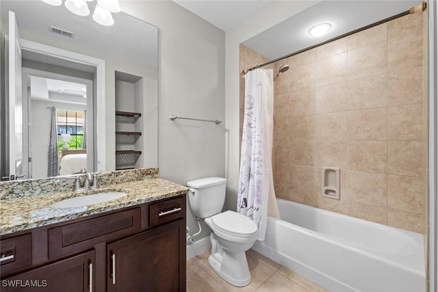 bathroom with shower / bath combination with curtain, visible vents, toilet, vanity, and tile patterned flooring