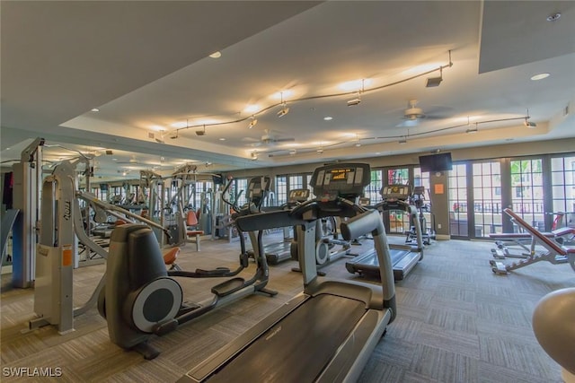 gym with a tray ceiling and carpet flooring