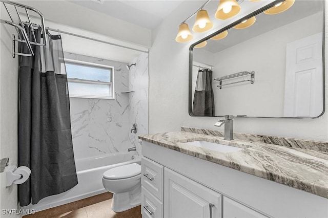 bathroom with toilet, tile patterned flooring, shower / tub combo with curtain, and vanity