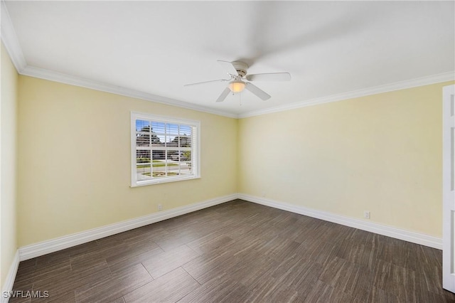 unfurnished room with crown molding, dark wood-style flooring, and baseboards