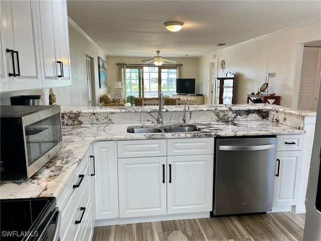 kitchen featuring light stone counters, stainless steel appliances, a sink, and ornamental molding