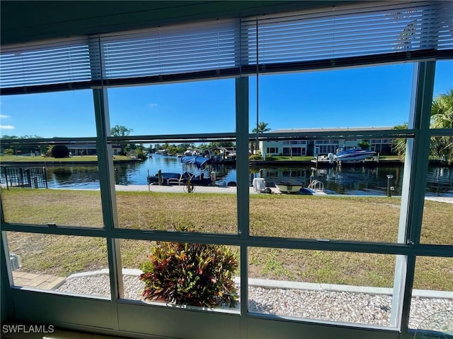 interior details with a water view