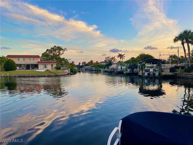 water view featuring a dock