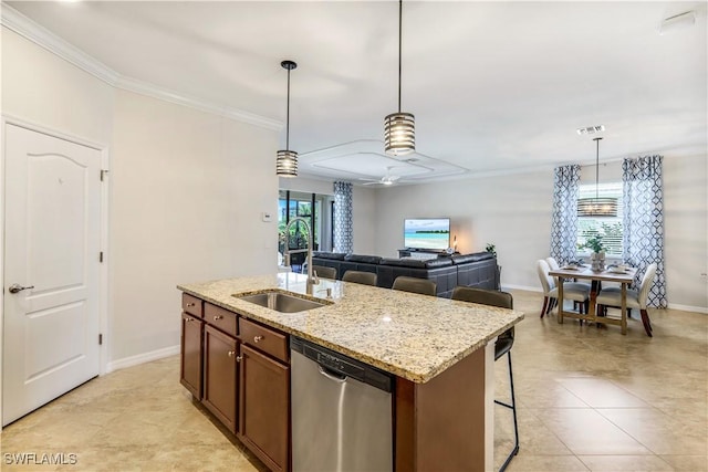 kitchen with pendant lighting, a sink, visible vents, dishwasher, and crown molding