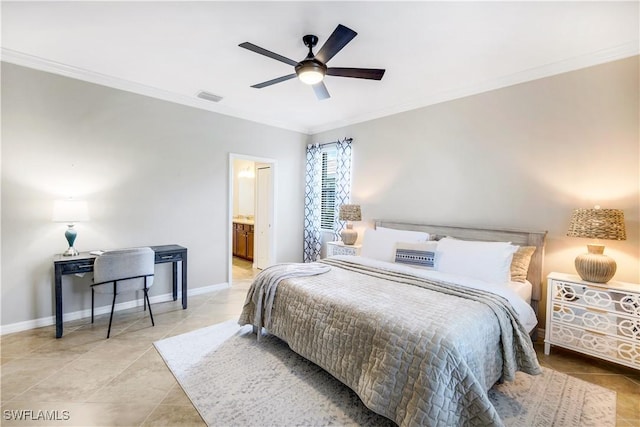 bedroom featuring baseboards, visible vents, and ornamental molding