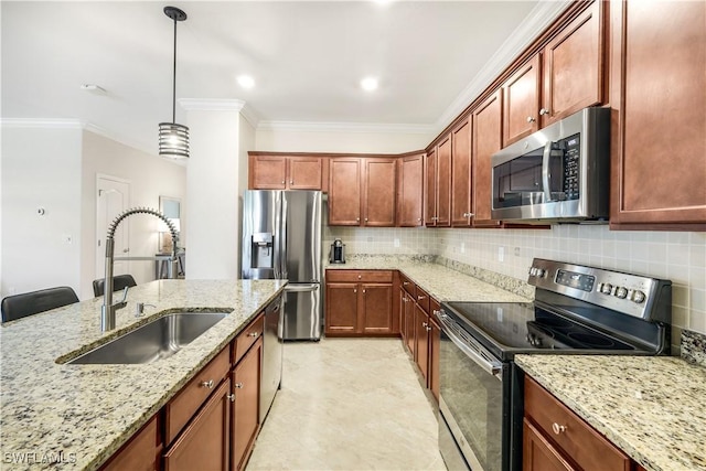 kitchen with appliances with stainless steel finishes, decorative light fixtures, a sink, crown molding, and backsplash