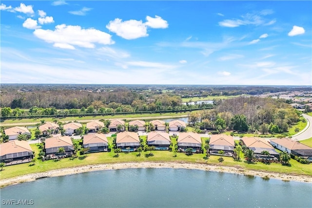 aerial view featuring a water view and a residential view