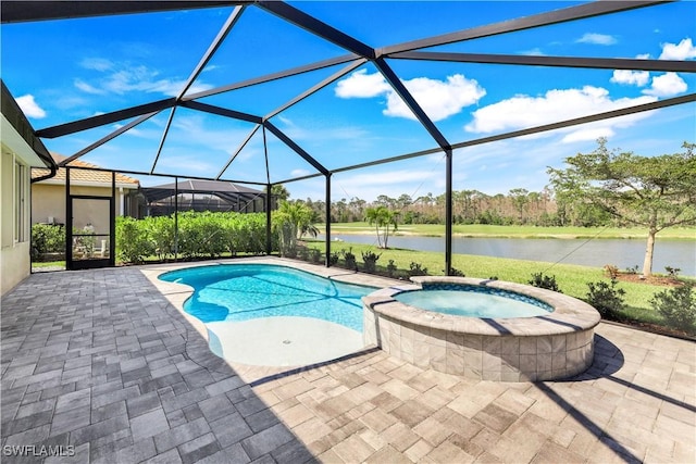 view of swimming pool featuring a patio, a water view, a lanai, and a pool with connected hot tub