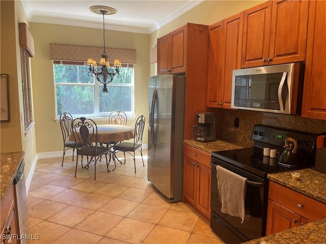 kitchen with decorative backsplash, brown cabinets, stainless steel appliances, and crown molding