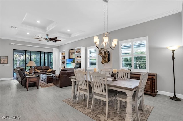 dining room with baseboards, visible vents, coffered ceiling, and crown molding