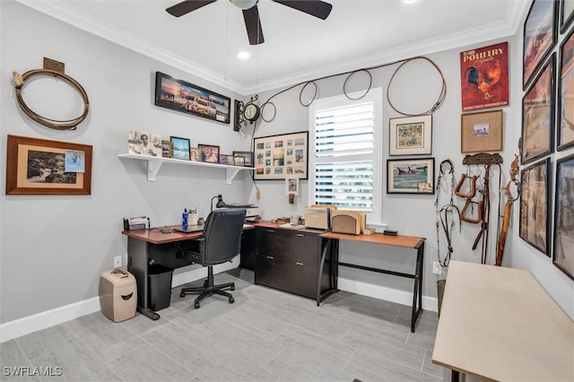 home office featuring a ceiling fan, baseboards, and crown molding