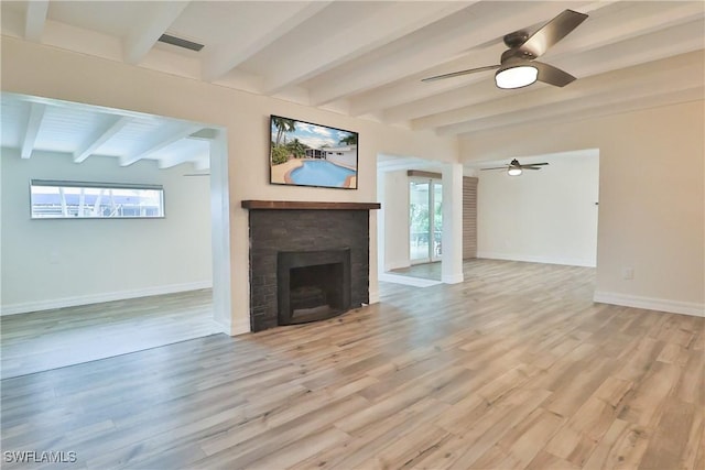 unfurnished living room with baseboards, visible vents, beamed ceiling, light wood-style floors, and a fireplace