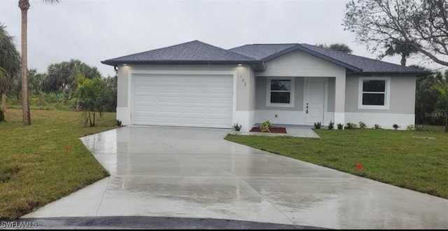 ranch-style home with a front lawn, driveway, an attached garage, and stucco siding