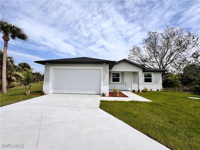 ranch-style house with a garage, concrete driveway, a front lawn, and stucco siding