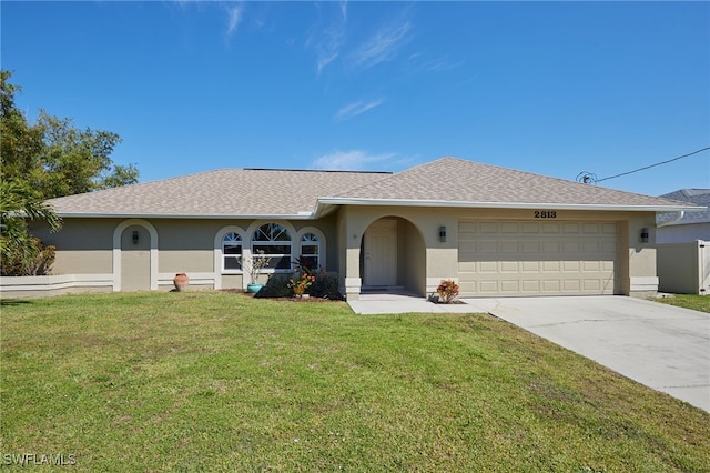 ranch-style home with a garage, concrete driveway, stucco siding, roof with shingles, and a front yard