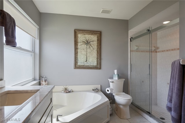 bathroom with visible vents, toilet, a garden tub, tile patterned flooring, and a shower stall