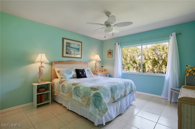 bedroom featuring a ceiling fan, baseboards, and tile patterned floors