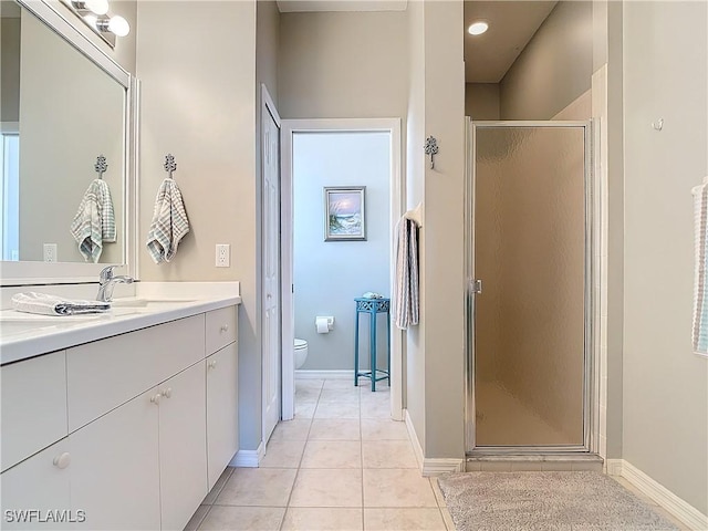 full bathroom with toilet, vanity, baseboards, a shower stall, and tile patterned floors