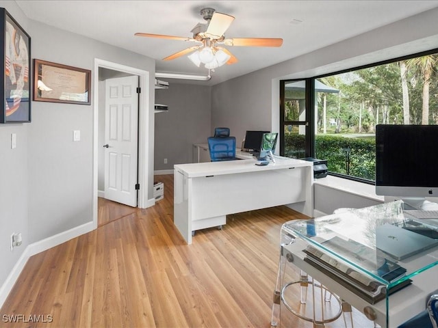 office space featuring light wood-type flooring, baseboards, and a ceiling fan