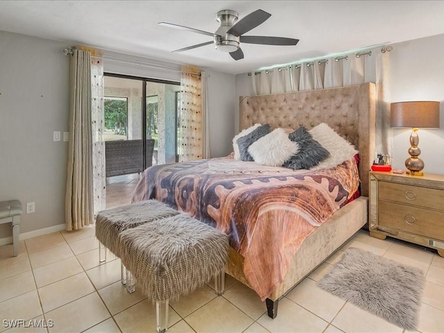 bedroom featuring light tile patterned floors, access to exterior, and ceiling fan