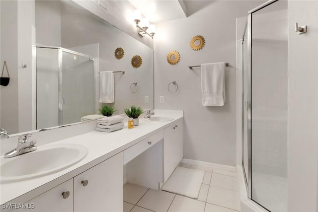 full bathroom featuring double vanity, tile patterned flooring, a shower stall, and a sink