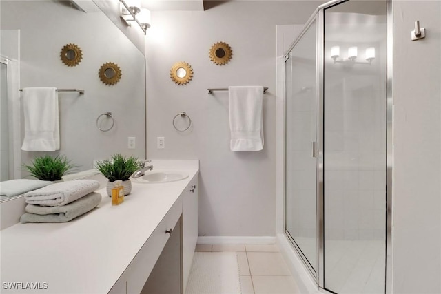 full bath featuring baseboards, a shower stall, vanity, and tile patterned floors