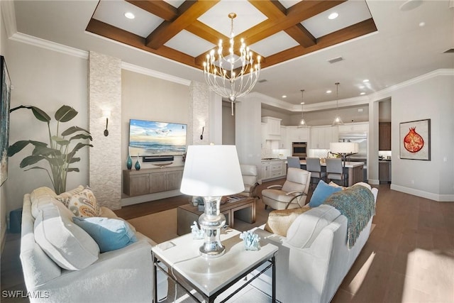 living area featuring dark wood-style flooring, coffered ceiling, beam ceiling, and baseboards