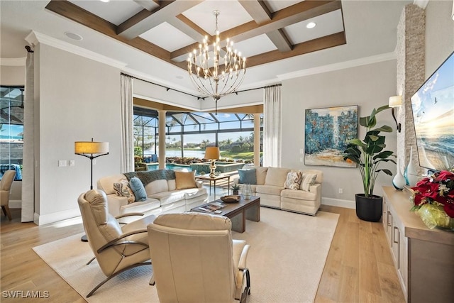 living room featuring a high ceiling, coffered ceiling, a sunroom, baseboards, and light wood-style floors