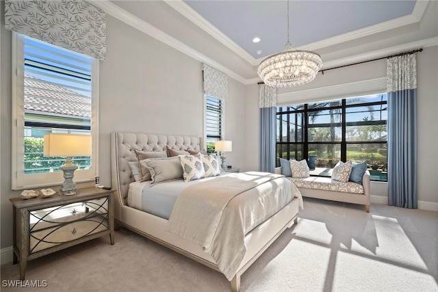 bedroom with carpet, a raised ceiling, ornamental molding, a chandelier, and baseboards