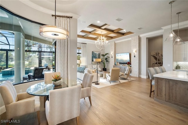 dining area with baseboards, coffered ceiling, ornamental molding, beamed ceiling, and light wood-type flooring