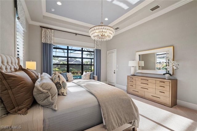 bedroom with visible vents, ornamental molding, a raised ceiling, light colored carpet, and a chandelier