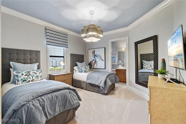 bedroom featuring crown molding, baseboards, a notable chandelier, and light colored carpet