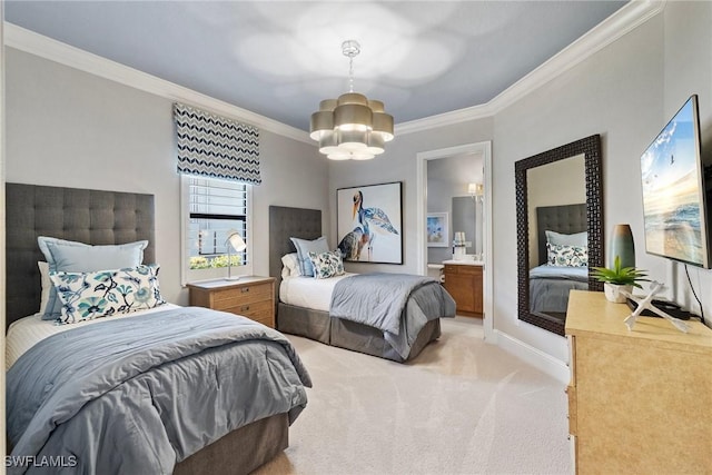 bedroom featuring baseboards, light colored carpet, an inviting chandelier, and crown molding
