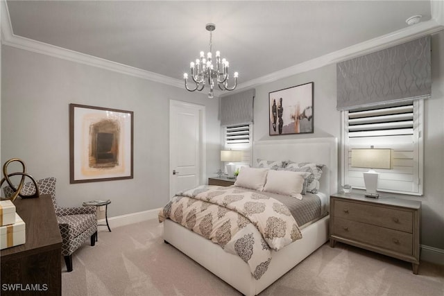 carpeted bedroom with an inviting chandelier, crown molding, and baseboards
