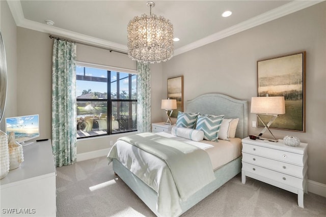 bedroom with baseboards, a notable chandelier, ornamental molding, and carpet flooring