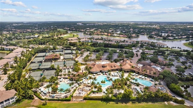 birds eye view of property featuring a water view